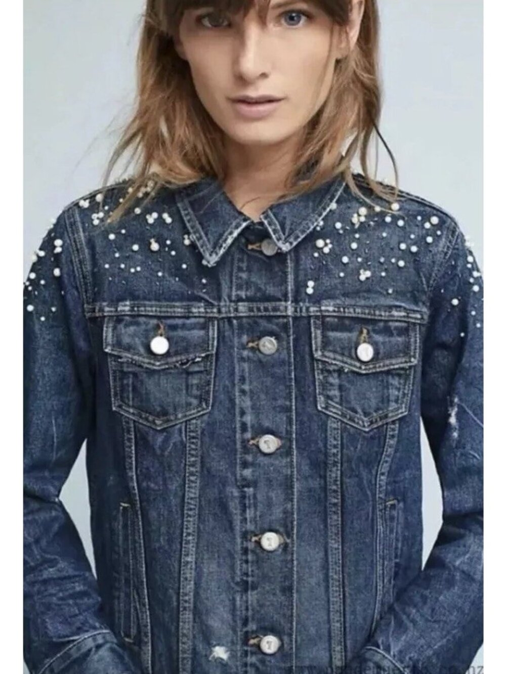 Anthropologie Pilcro Pearled Denim Trucker Jean Jacket $158 Size XS